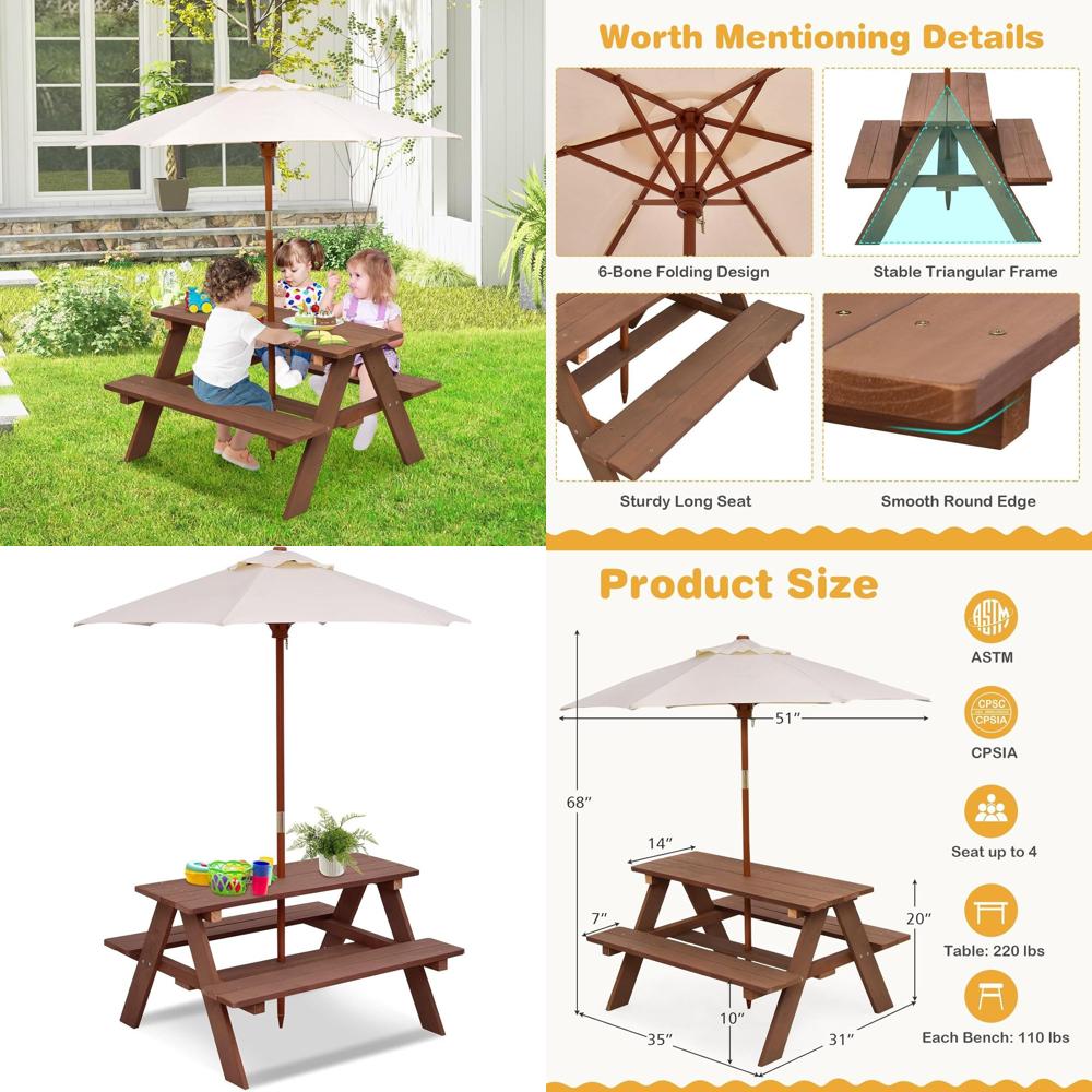 Kids Outdoor Umbrella For Table - Прочный деревянный детский столик для пикника